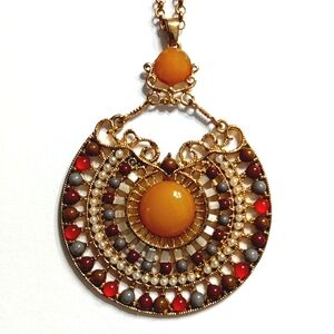 Metallic Gold Ornate Beaded Pendant Necklace